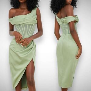 House of CB‎ Lulu Drape Satin Boned Corset Pistachio Green Midi Dress Size XS